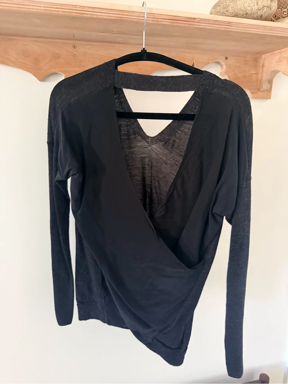 All Saints Black Long Sleeve V-Neck Top with open draped back